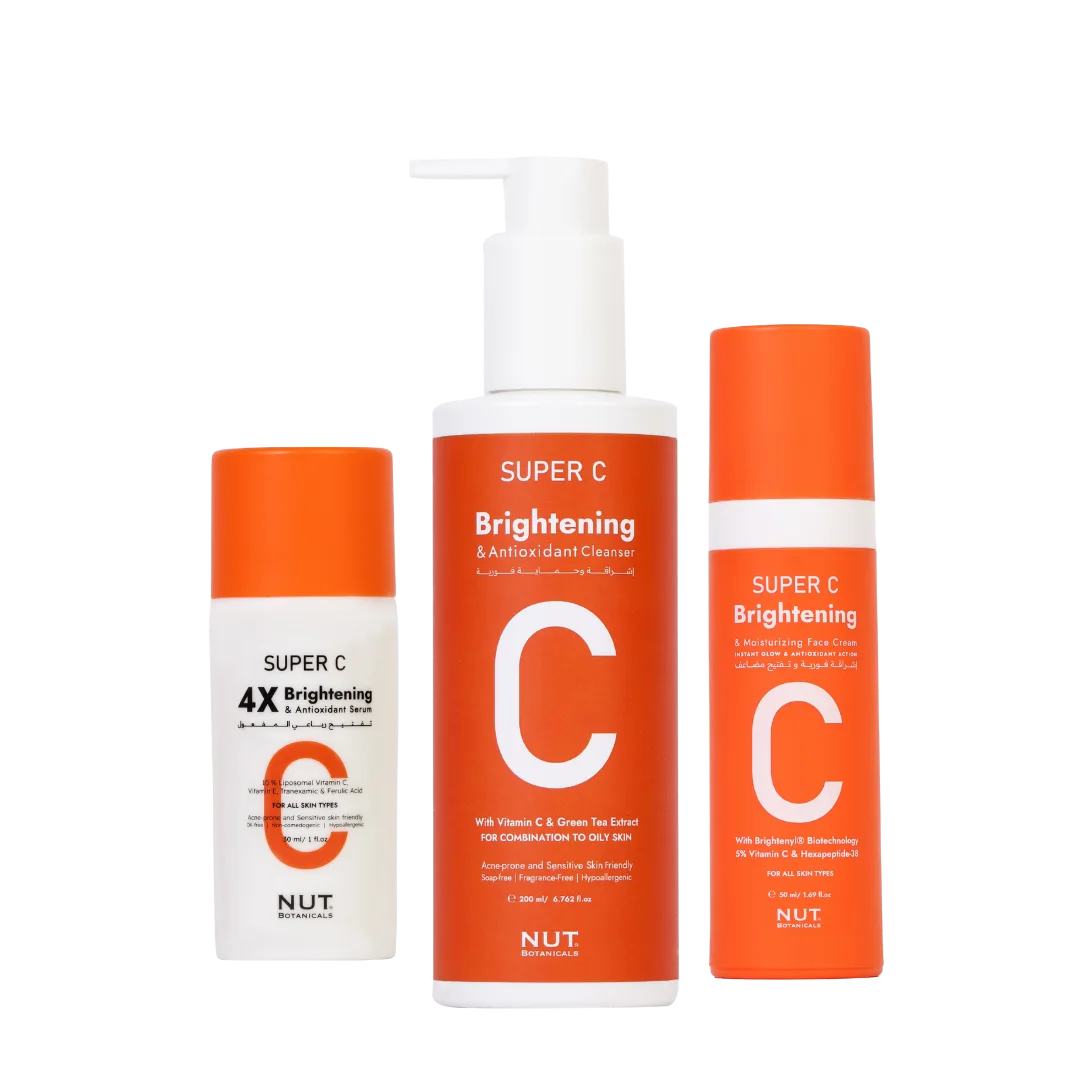 Super C Trio with 15% Liposomal Vitamin C, 2% Tranexamic Acid, Ferulic Acid, Brightenyl Biotechnology, Peptides, and Vitamin C rich extracts.