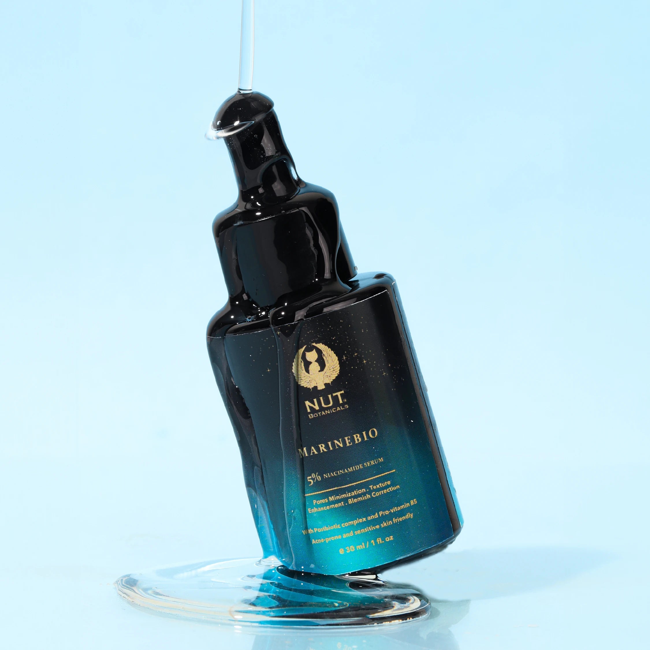 Blue skincare serum bottle with dropper on a light blue background