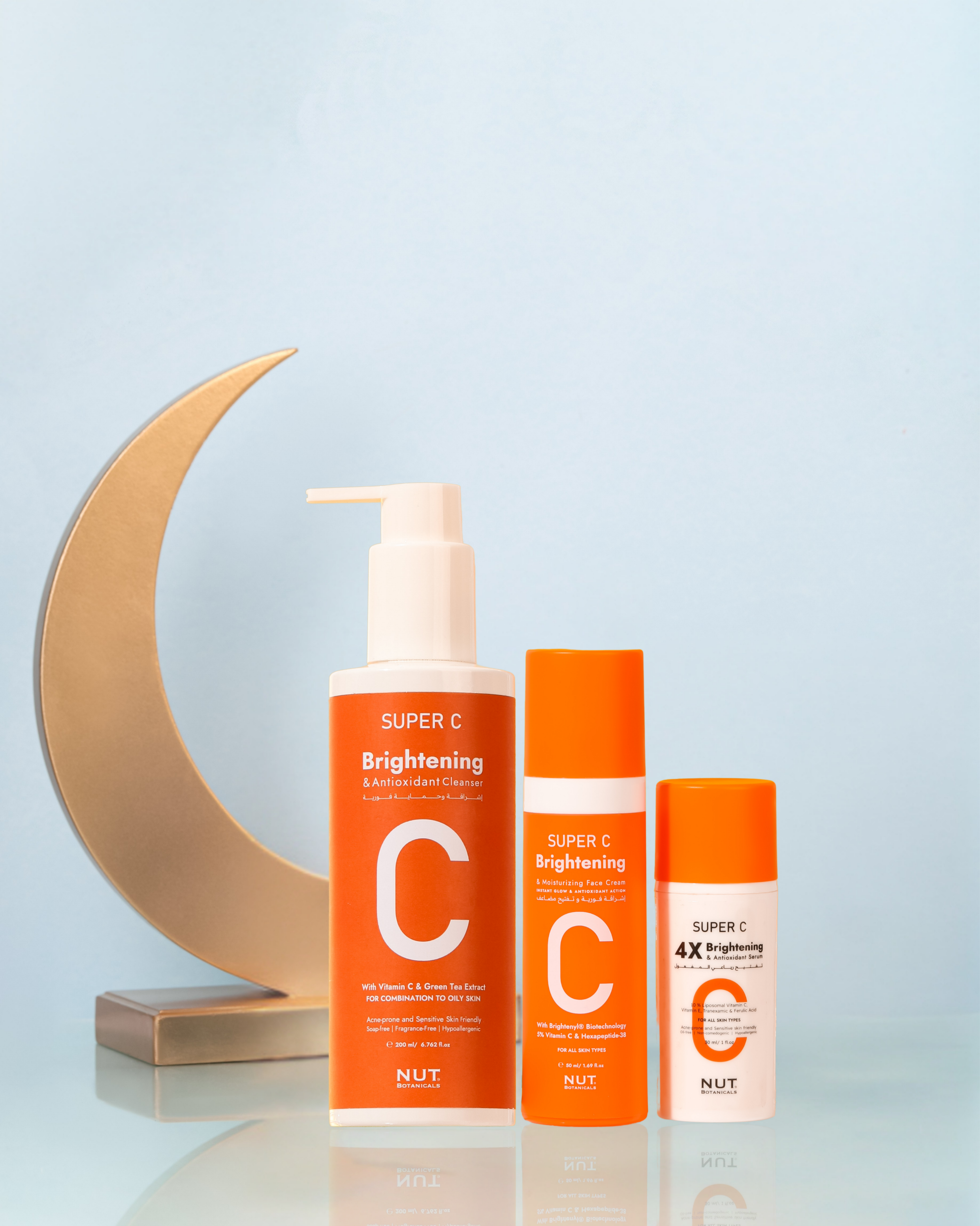 Ramadan Super C Trio with 15% Liposomal Vitamin C, 2% Tranexamic Acid, Ferulic Acid, Brightenyl Biotechnology, Peptides, and Vitamin C rich extracts.